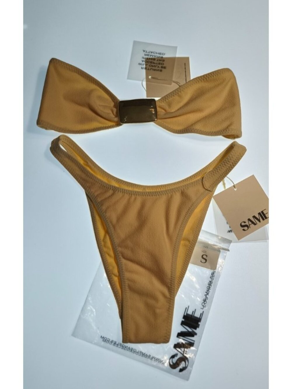 SAME Los Angeles Bikini Set Cream Faux Suede S Gold Hardware Strapless Top Cheek